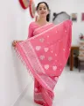 Pink Kesa Paat cotton mekhela sador jura with silver-white xoru phul buta, gos pata buta, broad ghai phul, xoru phul pari, and matching blouse