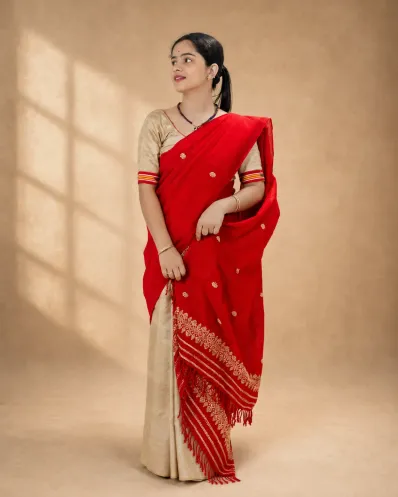 Red Kesa Paat Cotton single sador with golden zari ghai phul, butas, and dohi