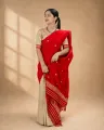Red Kesa Paat Cotton single sador with golden zari ghai phul, butas, and dohi