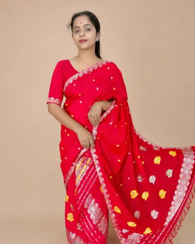 Red Kesa Paat cotton mekhela sador jura with xoru phul buta, phulam pari, phulam ghai phul, and matching blouse piece