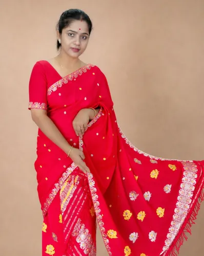 Red Kesa Paat cotton mekhela sador jura with xoru phul buta, phulam pari, phulam ghai phul, and matching blouse piece