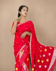 Red Kesa Paat cotton mekhela sador jura with xoru phul buta, phulam pari, phulam ghai phul, and matching blouse piece