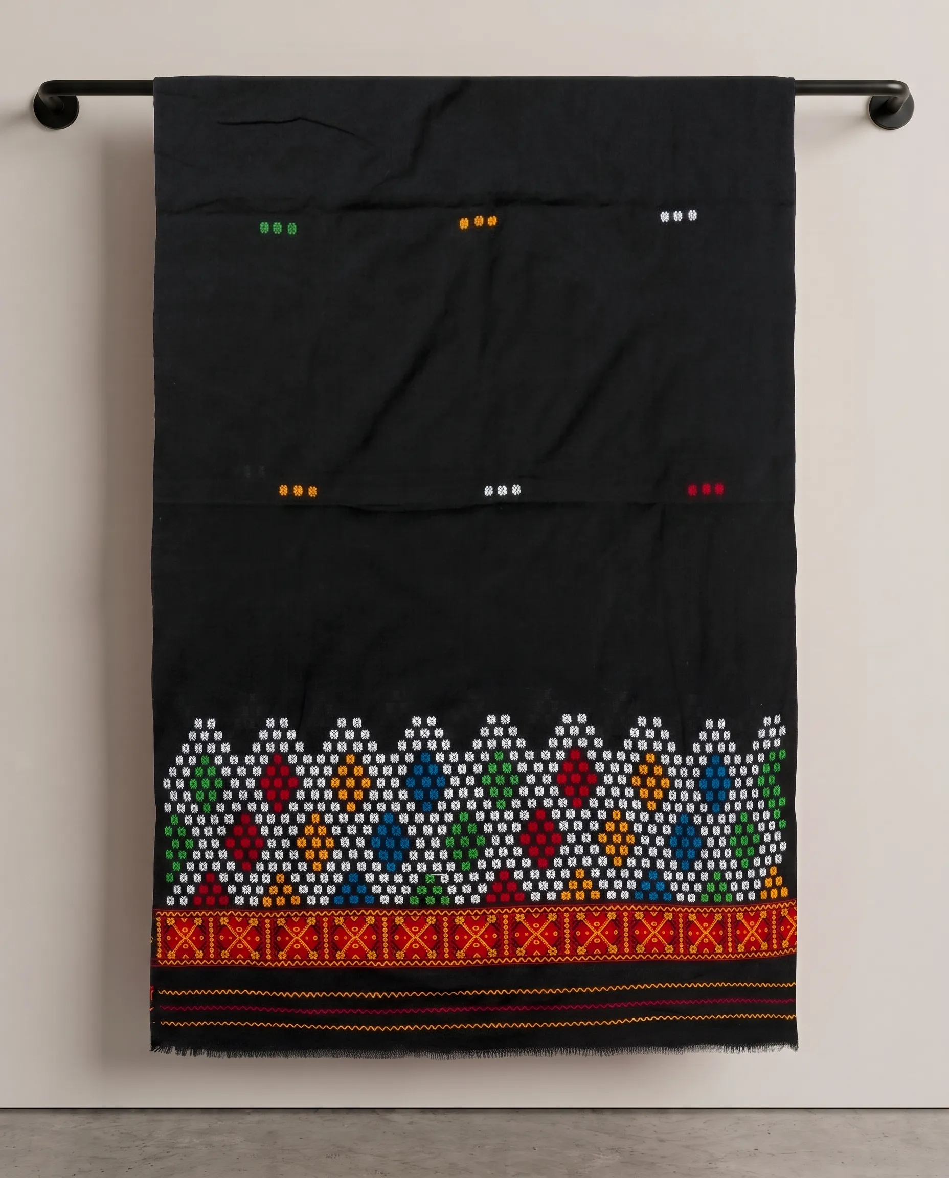 Black Mising mekhela sador jura with colourful guti phul, Mising ghai phul, Mising pari, and parboti work