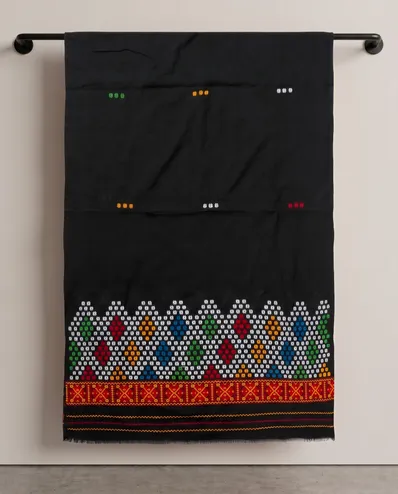 Black Mising mekhela sador jura with colourful guti phul, Mising ghai phul, Mising pari, and parboti work