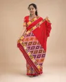 Red Mising mekhela sador jura with blouse piece, colourful guti phul, Mising ghai phul, and Mising pari