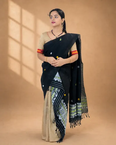 Black Nooni Cotton single sador with green and white ghai phul, multi-coloured butas, and dohi