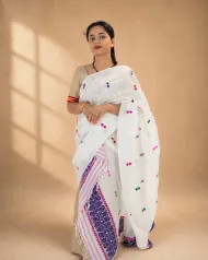 White Nooni Cotton single sador with multi-coloured buta and purple border