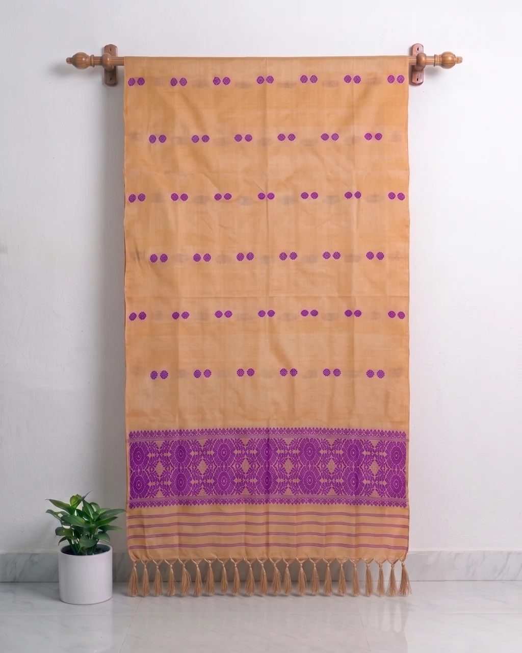 Golden Toss silk single sador with purple buta and purple ghai phul