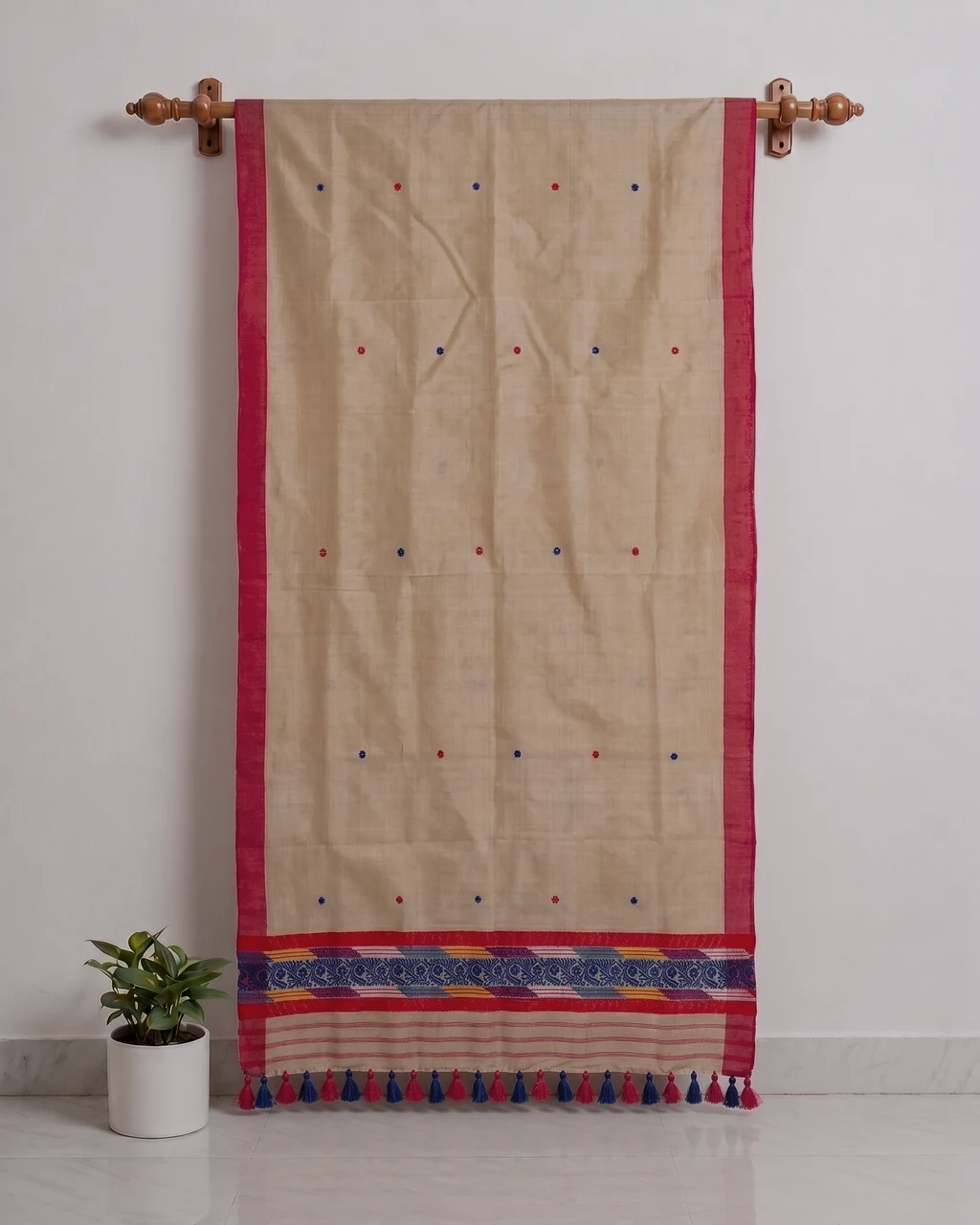 Kola Toss silk single sador with red blue buta, red side pari, and blue phulam ghai phul