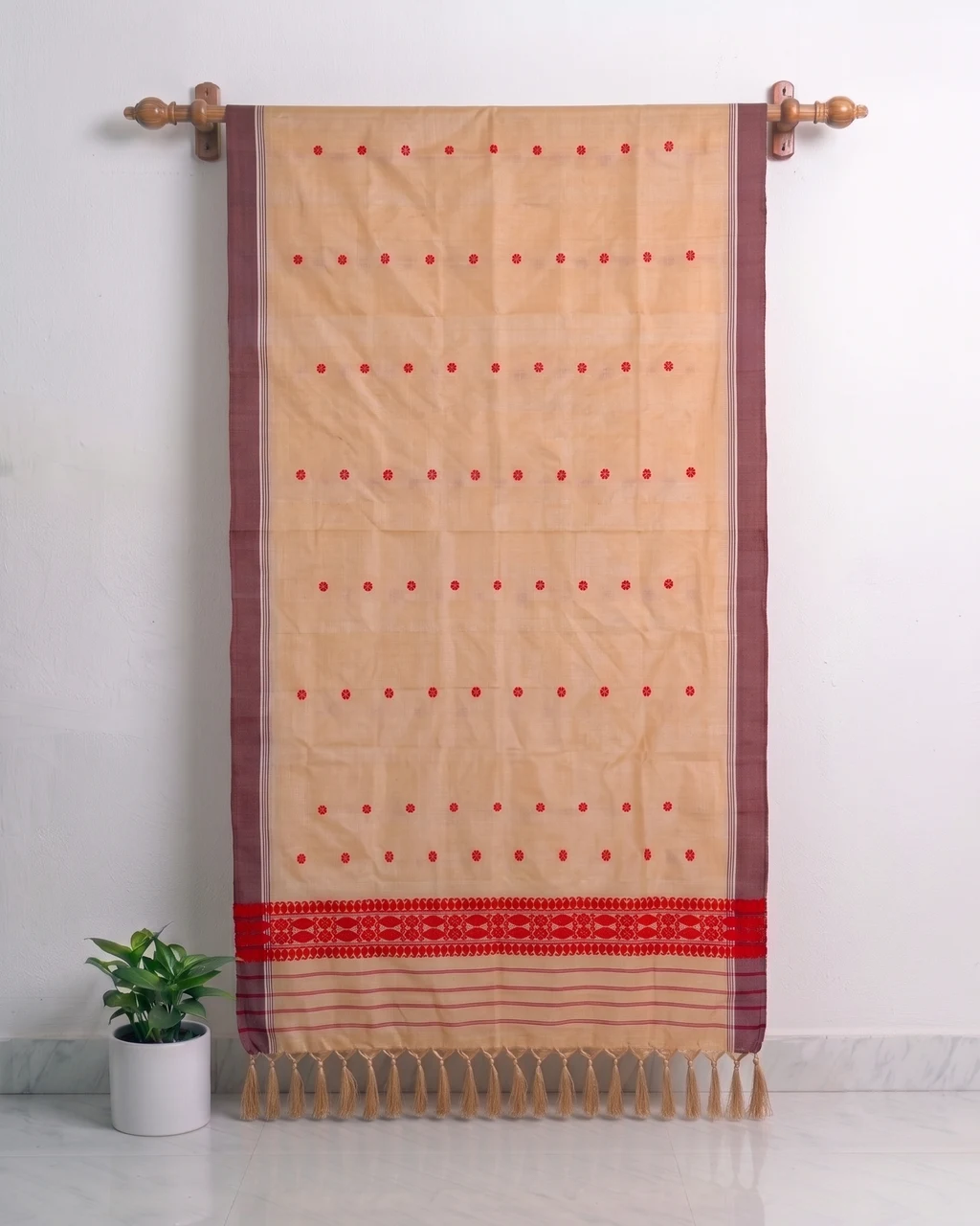 Kola Toss silk single sador with red buta, chocolate side pari, and red ghai phul