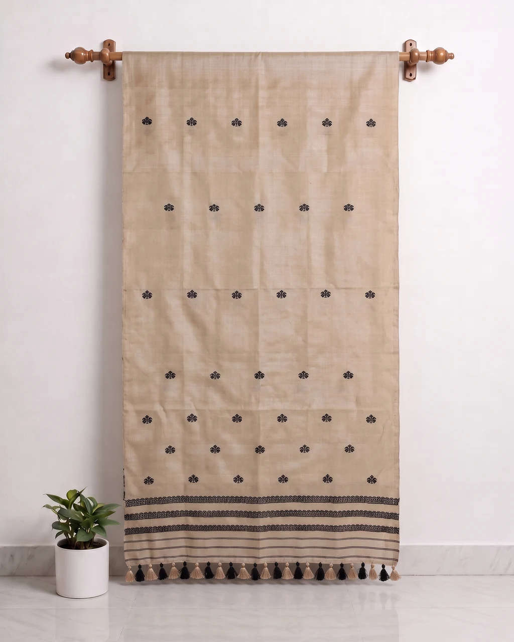 Kola Toss silk borderless single sador with black phul buta and black geometric ghai phul