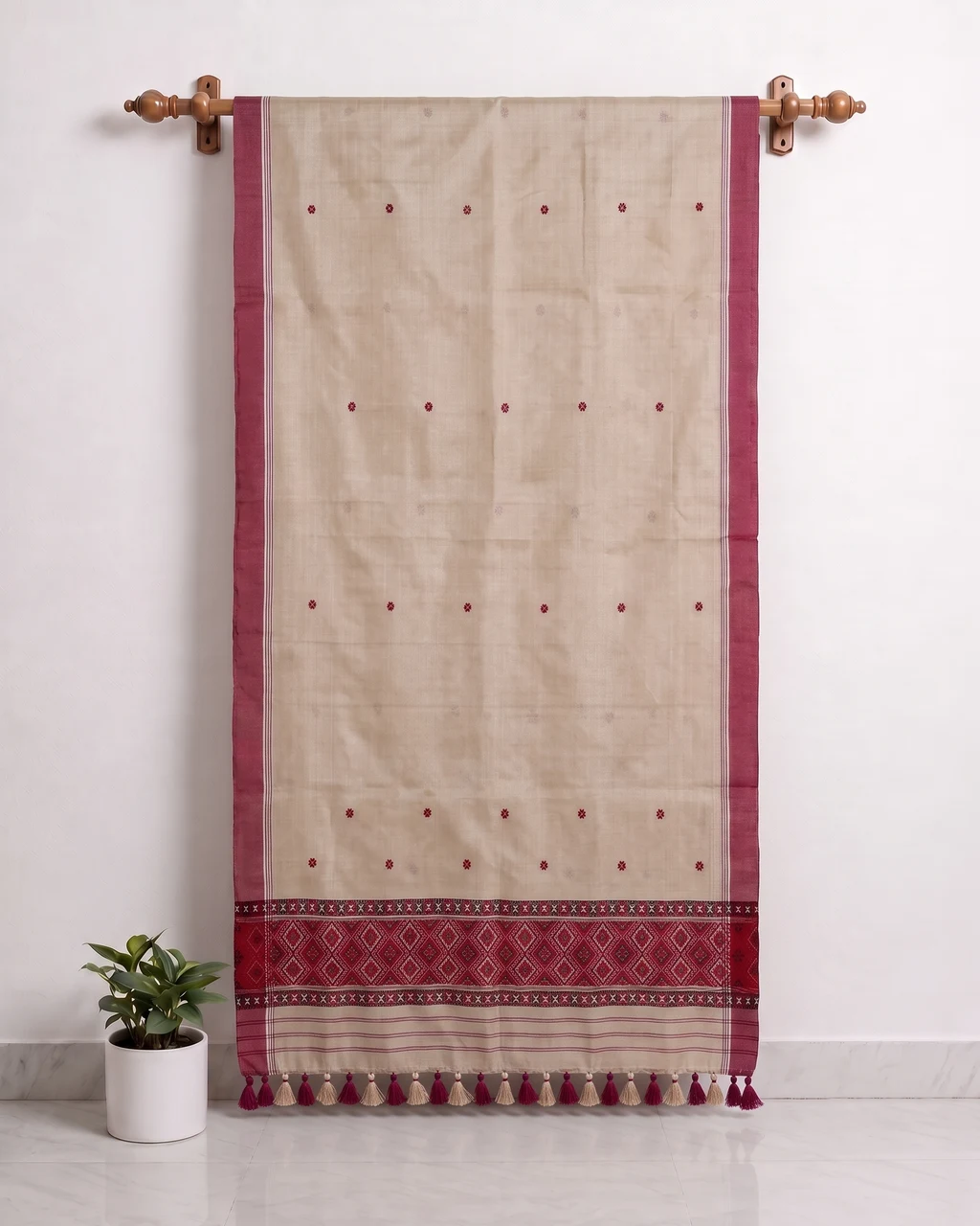 Golden Toss silk single sador with red xoru phul buta, maroon side pari, and red Mising ghai phul