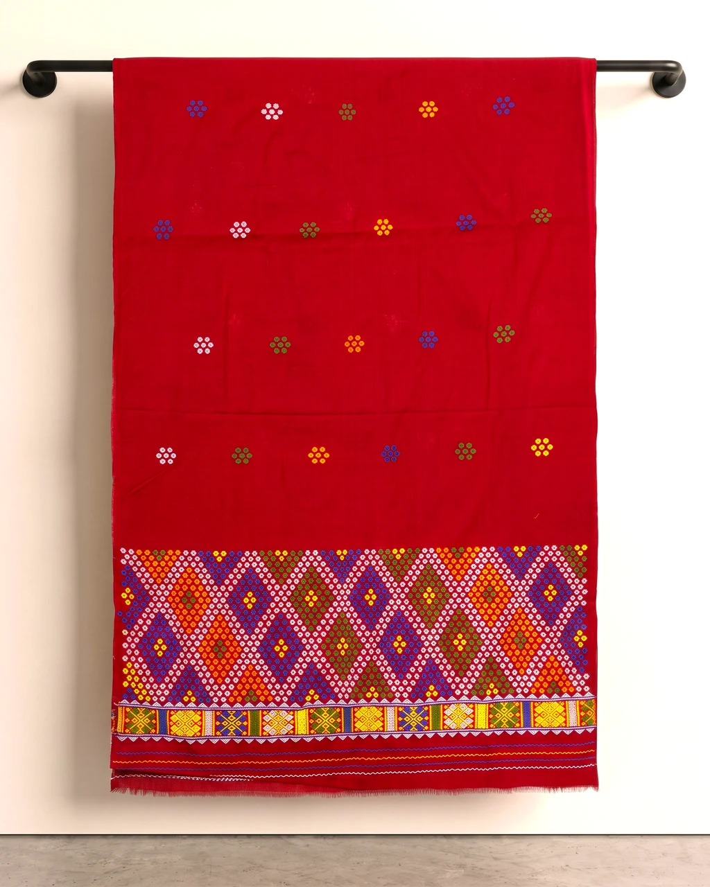 Red Mising mekhela sador jura with blouse piece, colourful guti phul, Mising ghai phul, and Mising pari