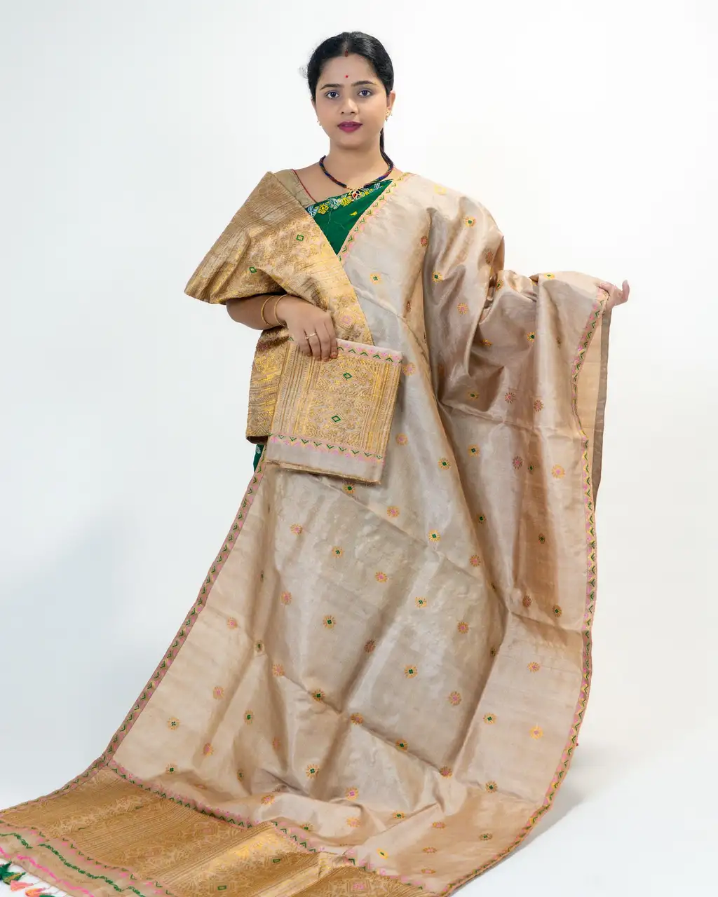 Guna Black Toss mekhela sador with blouse piece, golden guna phul buta, stitched phulam pari, ready-to-wear dohi bota, and bridal ghai phul work