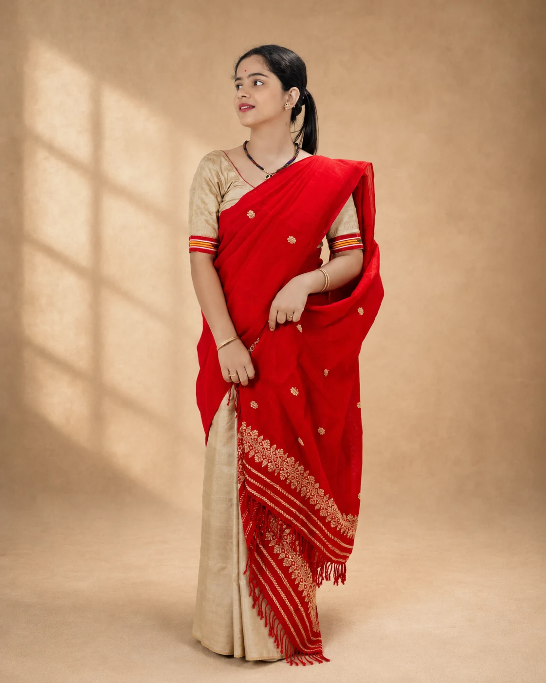 Red Kesa Paat Cotton single sador with golden zari ghai phul, butas, and dohi