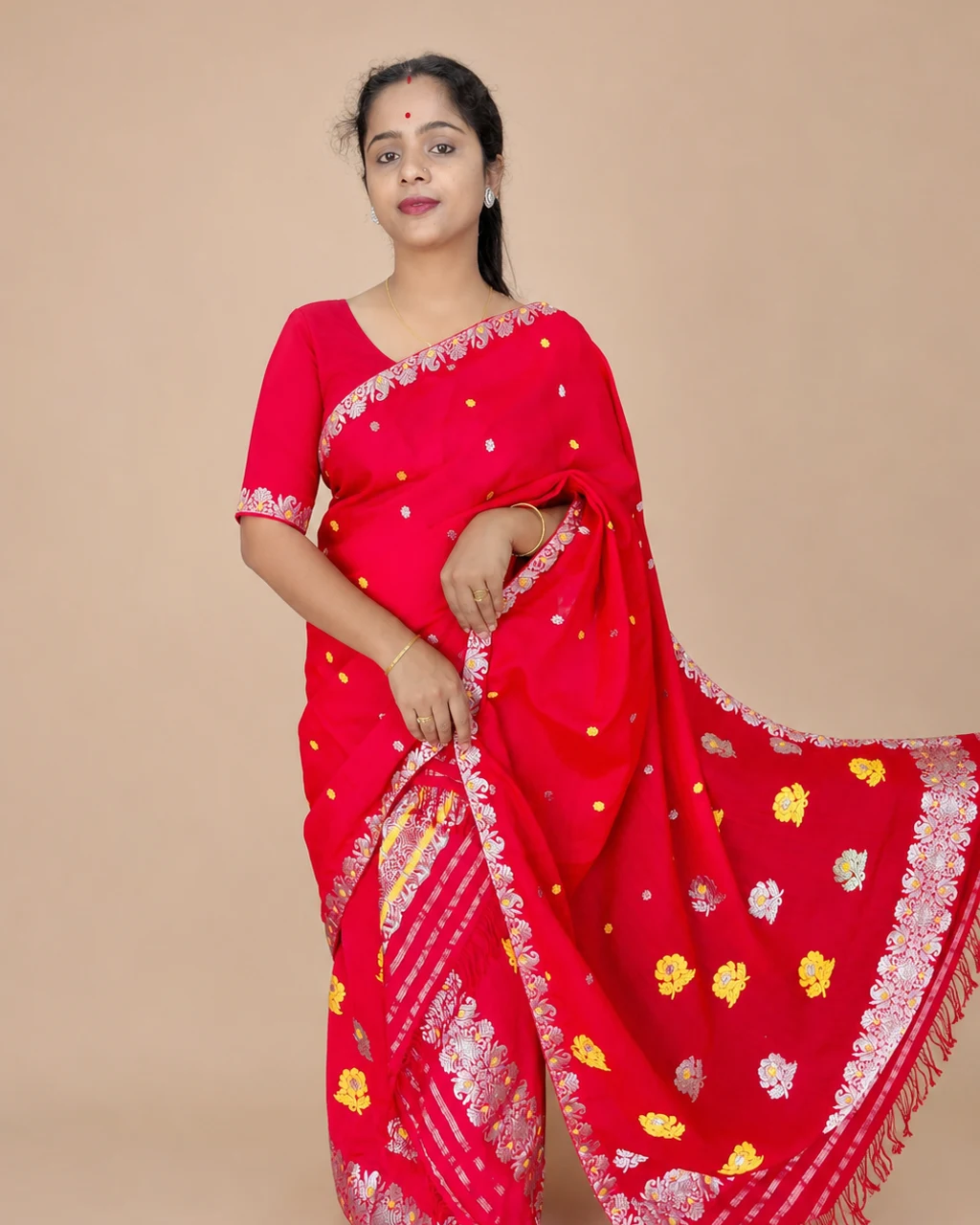 Red Kesa Paat cotton mekhela sador jura with xoru phul buta, phulam pari, phulam ghai phul, and matching blouse piece