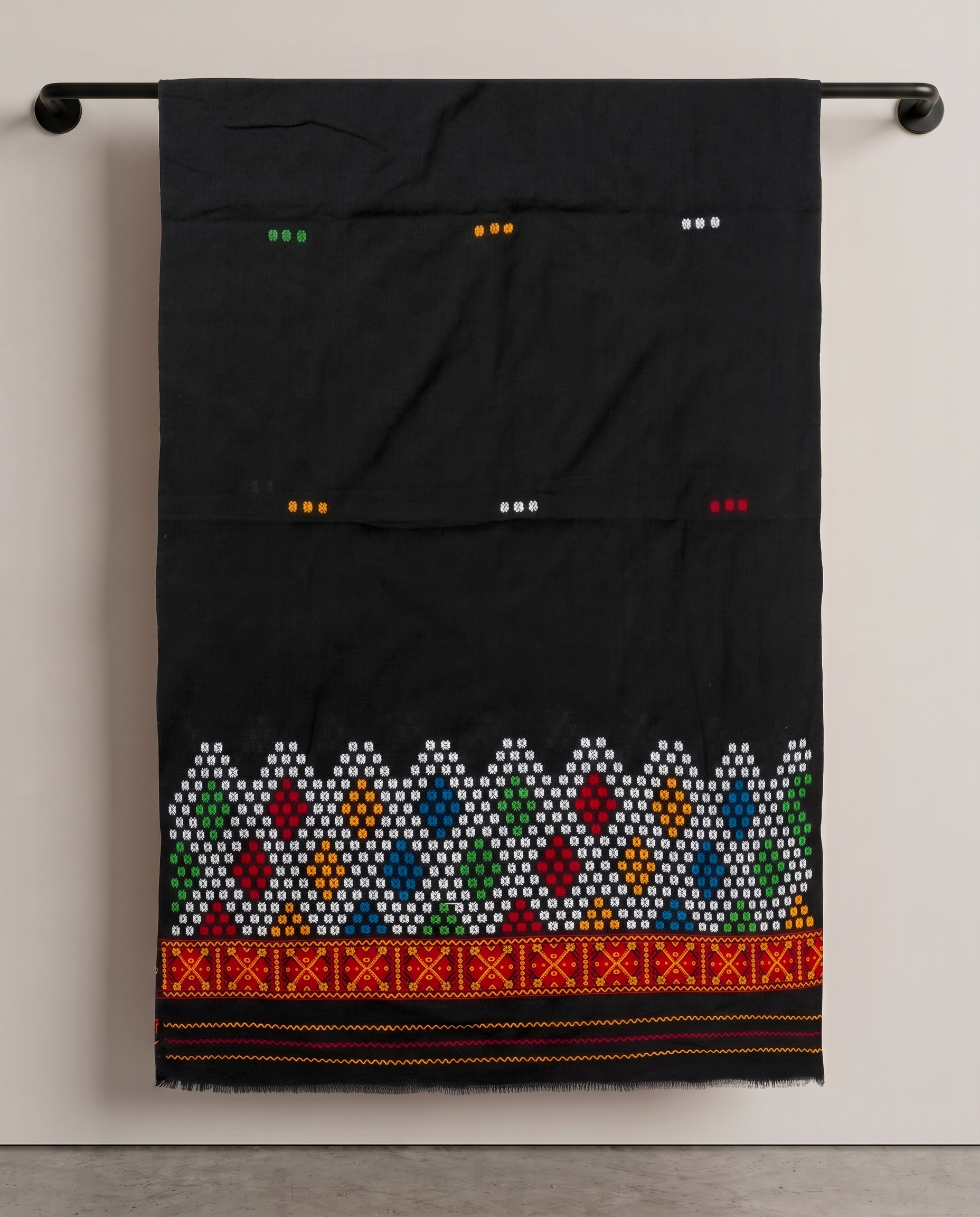 Black Mising mekhela sador jura with colourful guti phul, Mising ghai phul, Mising pari, and parboti work